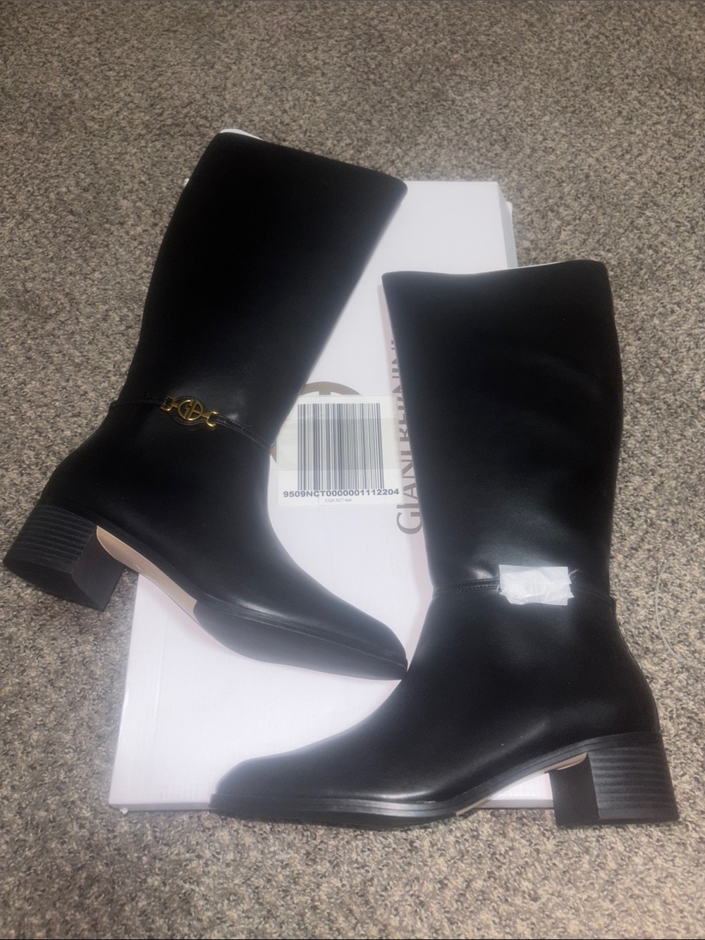 Giani Bernini Black Leather Mid-Calf Heeled Boots with Gold Accent